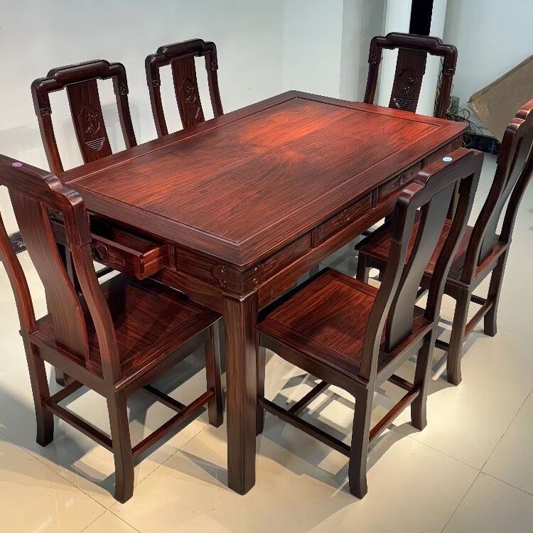 酸枝木长方形餐桌椅组合带抽屉全实木餐桌整装新中式家用榫卯结构