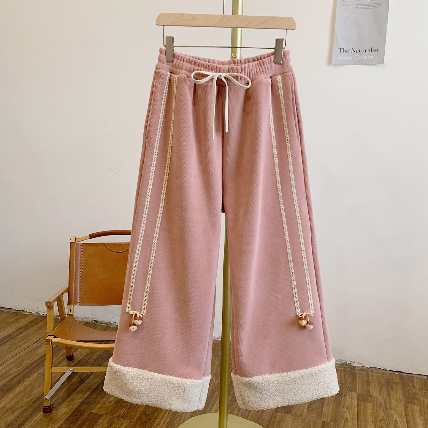 C5283加绒毛绒拼接蕾丝贴布蝴蝶结松紧腰系带阔腿裤,女装/女士精品,休闲裤,淘宝优惠券,粉丝福利购,淘宝优惠卷