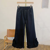 Y3148 4纯色蝴蝶结荷叶边侧开叉松紧腰阔腿裤