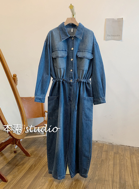 C1152翻领双口袋半开扣腰部抽绳牛仔连体裤