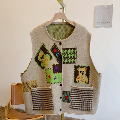 C5561提花小熊圆领针织开衫马甲