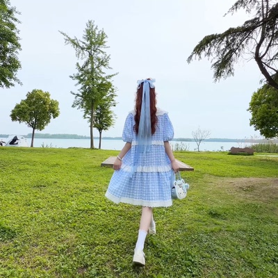 C6036格纹蕾丝边飘带双层娃娃领短袖连衣裙