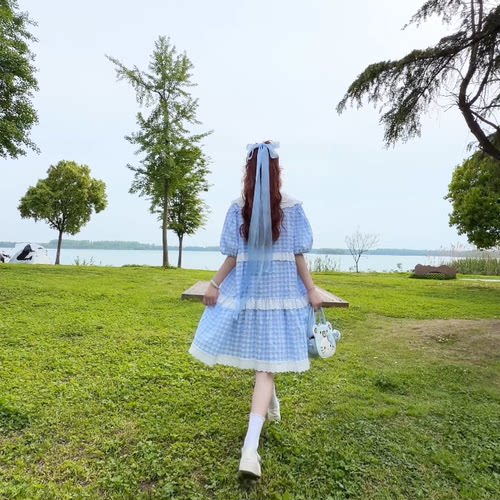 C6036格纹蕾丝边飘带双层娃娃领短袖连衣裙