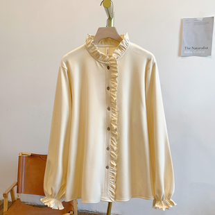 C5443磨毛德绒全开扣荷叶边立领衬衫