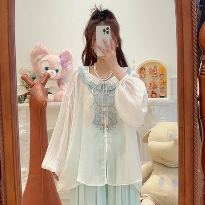 C5823刺绣串珠系带娃娃领衬衫