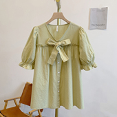 MNY2603木耳边全开扣蝴蝶结系带V领短袖 衬衫