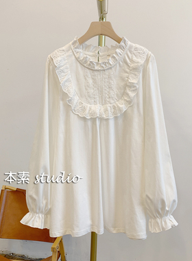 C3588蕾丝拼接木耳边立领长袖T恤