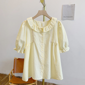 Y2873竖纹蕾丝边全开扣娃娃领短袖 衬衫