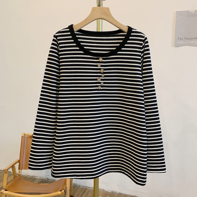 C4917条纹纽扣圆领长袖T恤