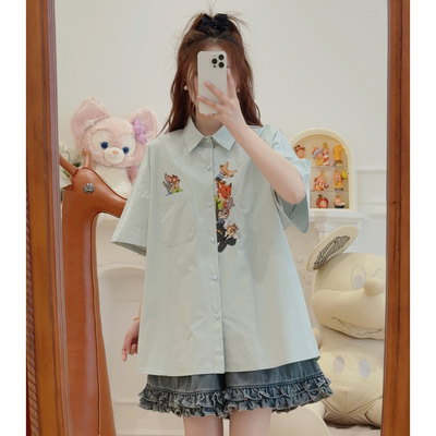 C5863卡通刺绣单口袋全开扣翻领短袖衬衫