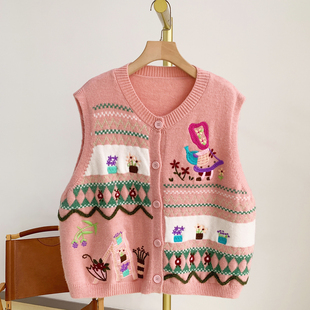 C5687刺绣圆领针织开衫 马甲