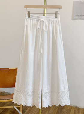 C4330刺绣蕾丝拼接松紧腰系带阔腿裤