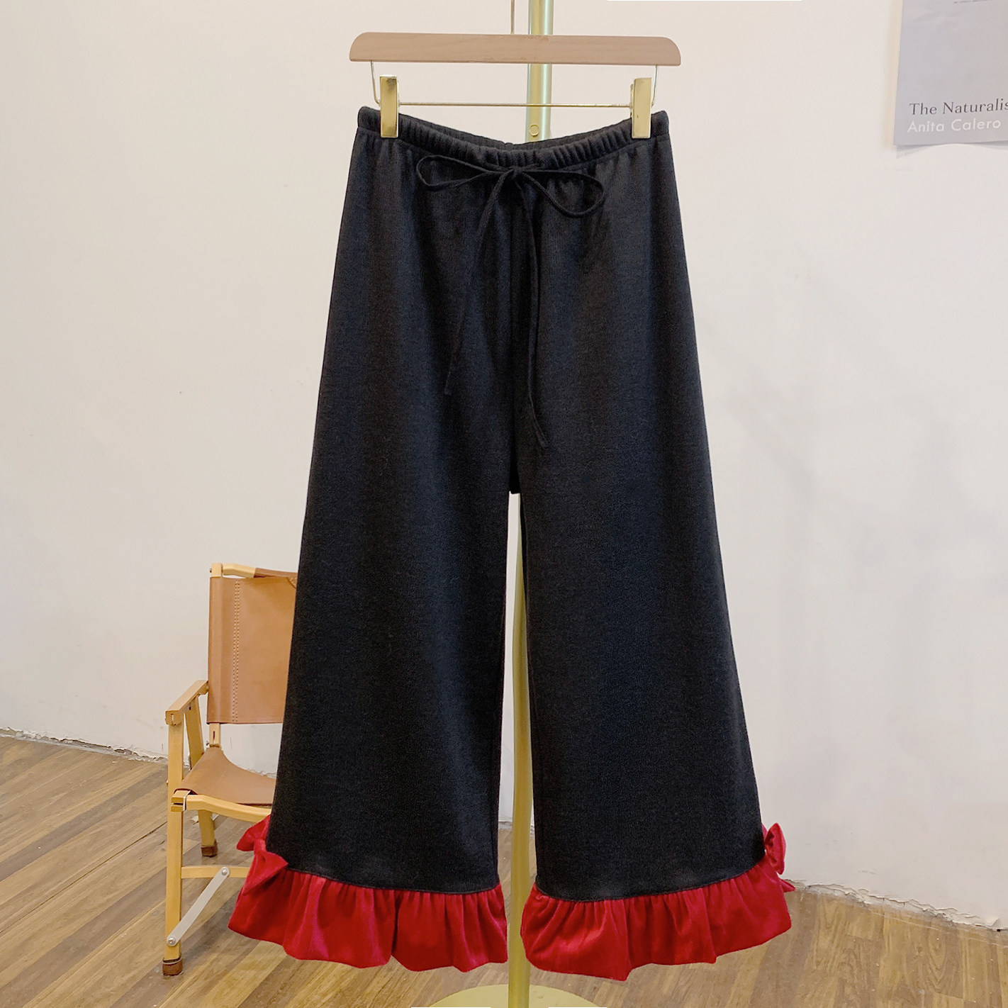 C5476加绒蝴蝶结丝绒荷叶边松紧腰系带阔腿裤,女装/女士精品,休闲裤,淘宝优惠券,粉丝福利购,淘宝优惠卷