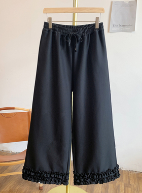 Y3272加绒木耳边松紧腰系带阔腿裤