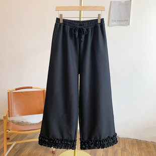 Y3272加绒木耳边松紧腰系带阔腿裤