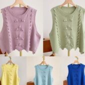 C5699立体钩花波浪边圆领针织马甲