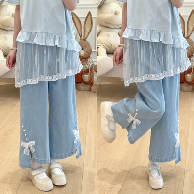 Y4757串珠蝴蝶结侧开叉松紧腰系带牛仔阔腿裤