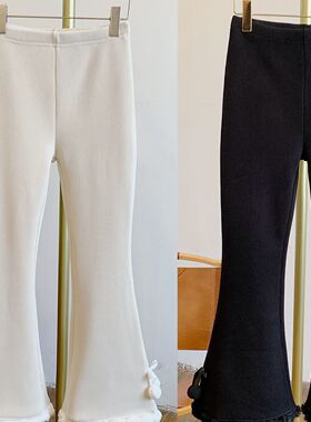 C5027加绒坑条蝴蝶结毛球拼接松紧腰微喇裤