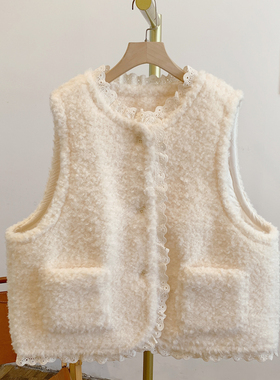 芝士蛋糕C5147夹棉蕾丝边圆领毛绒马甲