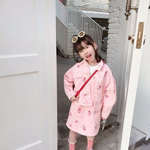 韩国薄春秋款童装女童粉色卡通刺绣纯棉外套百搭牛仔裙洋气套装潮
