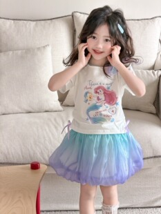 女童宝宝渐变色网纱半身蓬蓬裙两件套装 2026夏季 美人鱼蝴蝶结短袖