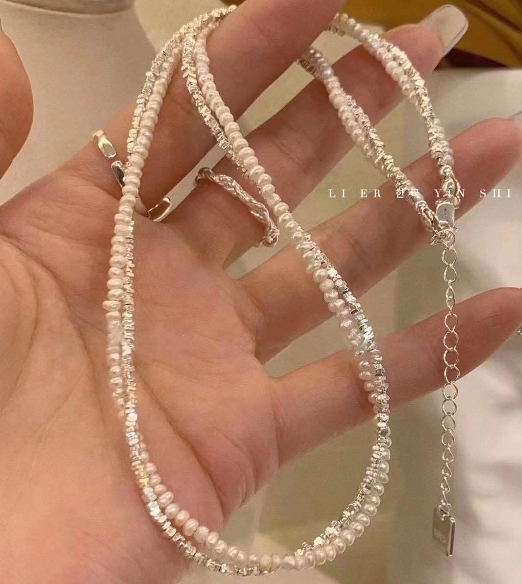 双层叠戴淡水珍珠项链女新款韩国s925纯银碎银子锁骨链轻奢高级感