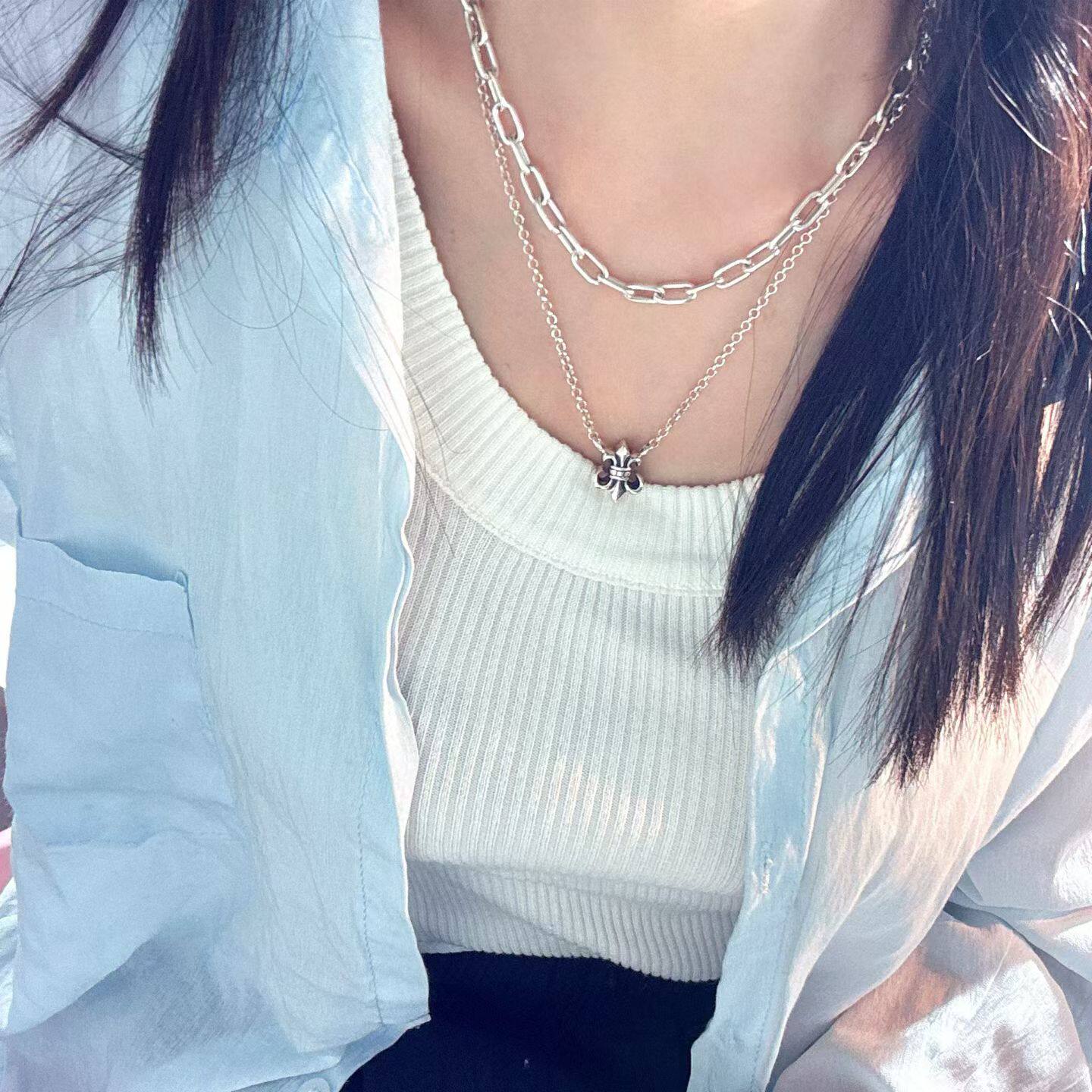 欧货潮牌S925纯银复古船锚吊坠鸢尾花项链女百搭中长链锁骨链新款