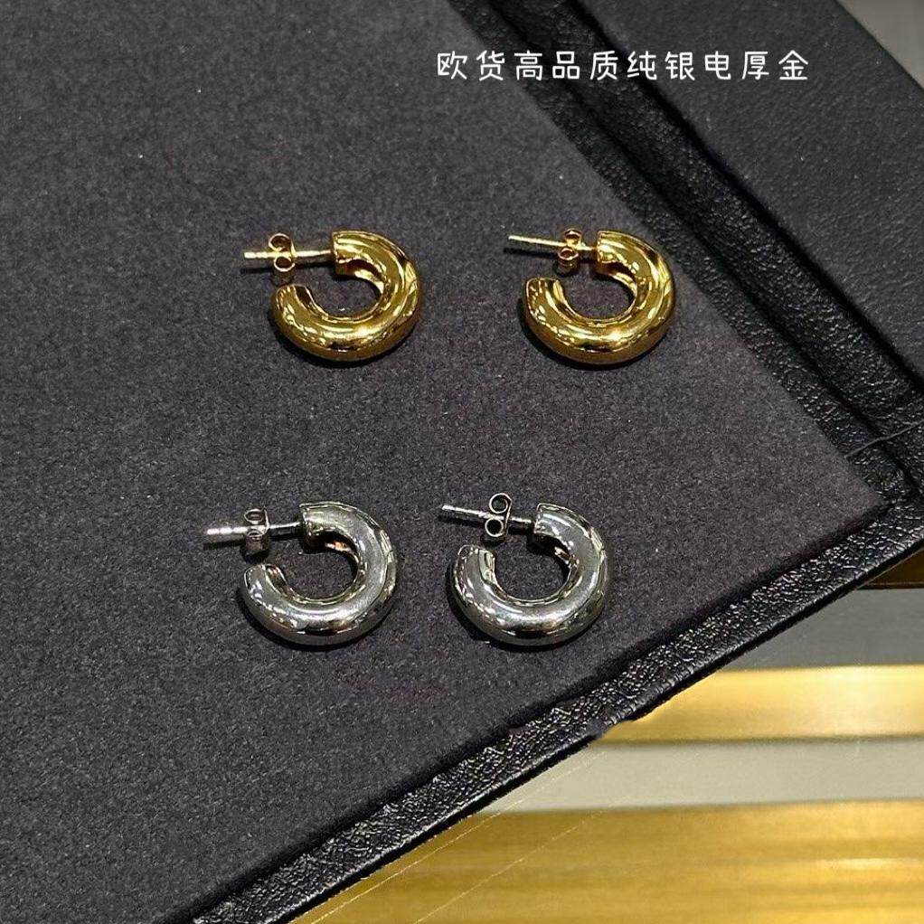 欧货s925纯银耳环爆款电24k真金胖c耳钉法式简约高级百搭耳饰轻奢