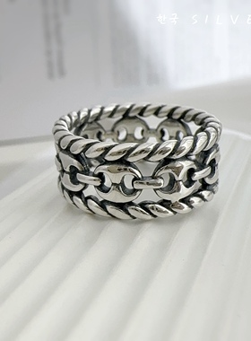 韩单重工s925纯银猪鼻子戒指复古朋克风男女中性风宽面闭口食指戒