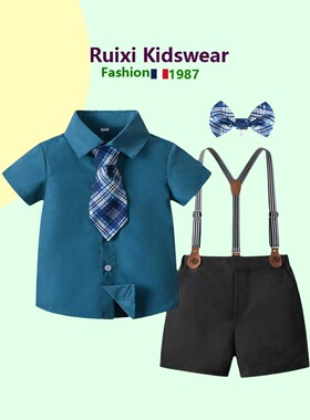 法式男童夏装套装新夏季儿童西装短袖蝴蝶结领带衬衫西裤宝宝礼服