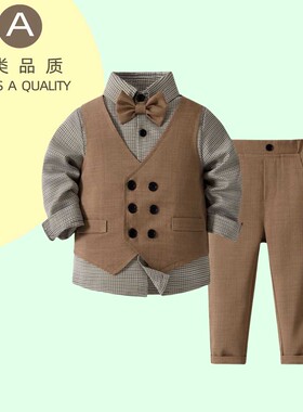 法国ANSEOLAY儿童春套装男童马甲千鸟格衬衫西裤宝宝周岁学院衣服