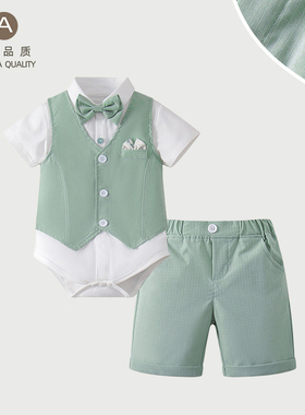 婴幼儿夏季衣服时尚男宝宝领结纯色短袖衬衣儿童马夹短裤生日套装
