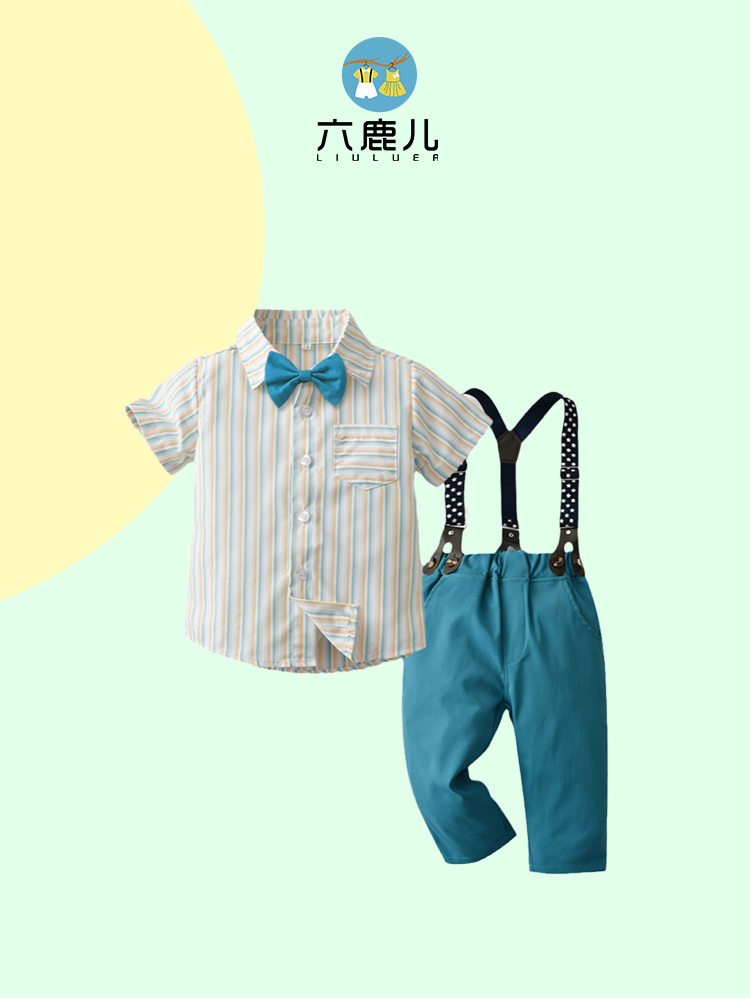 男童条纹衬衫百搭背带长裤3周岁男孩套装儿童夏季两件套花童礼服