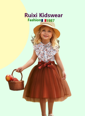 法式花园优雅女童无袖花卉衬衫印花网纱连衣裙含织腰带女孩公主裙