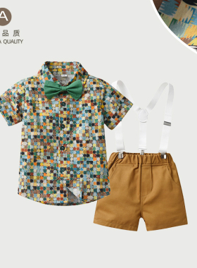 男童夏装套装2岁男生衬衫背带裤中小童轻奢百搭儿童两件出游衣服