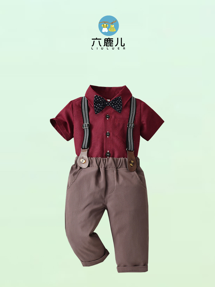 男宝宝春夏衣服男童短袖衬衫背带长裤儿童生日礼服花童西装演出服
