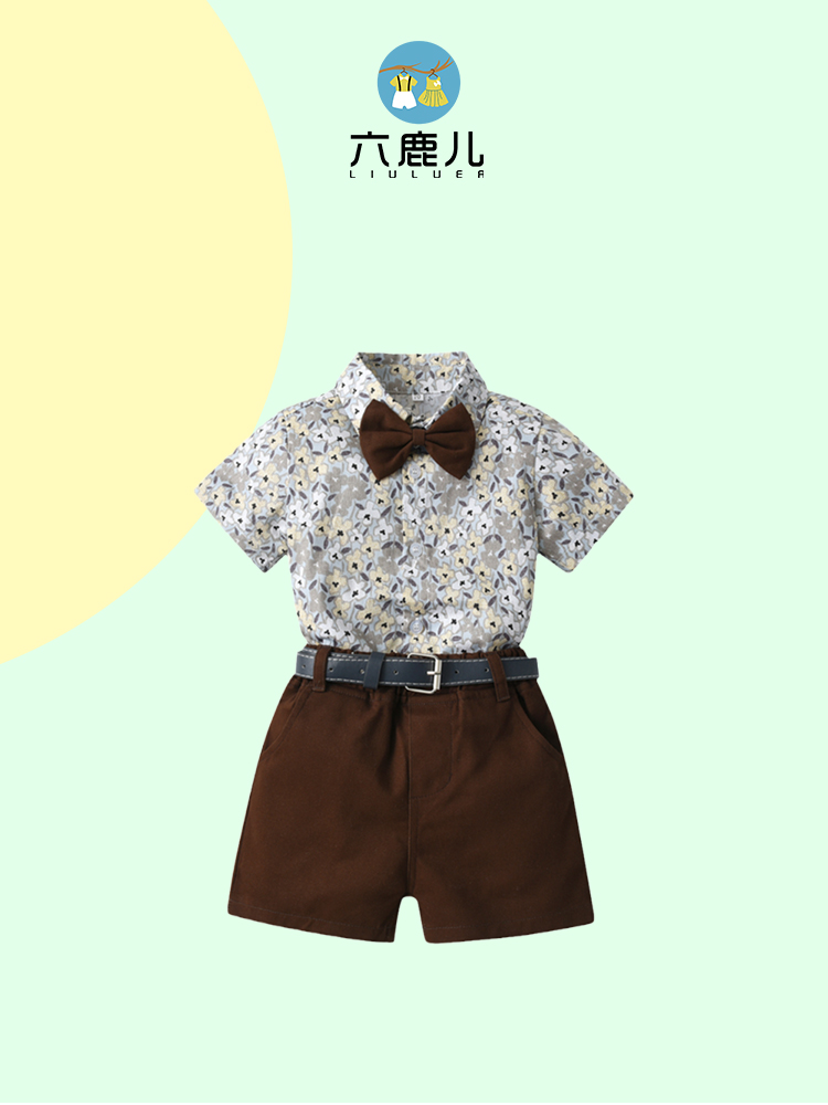 男童短袖衬衫套装英格兰花卉2岁宝宝纯棉夏季衣服帅气周岁小男生
