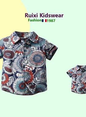 一家三口亲子衬衫夏季父女装英伦风上衣母子纯棉潮开衫度假兄弟装