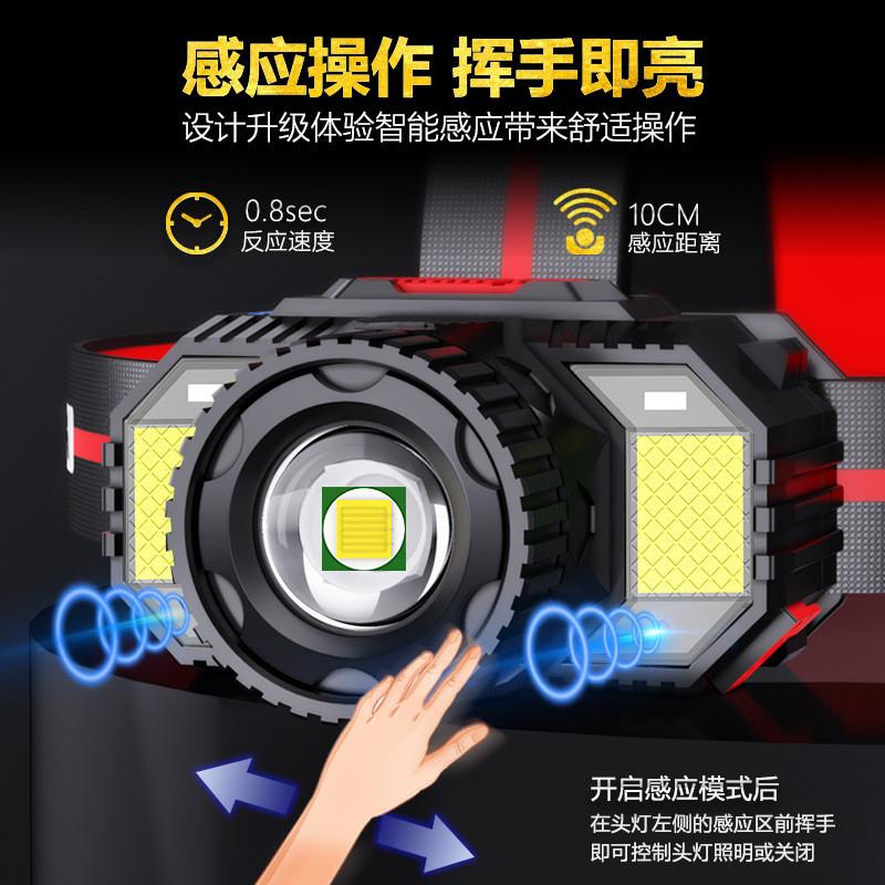 新款强光LED头灯头戴式usb充电变焦电筒户外钓鱼野营感应头灯
