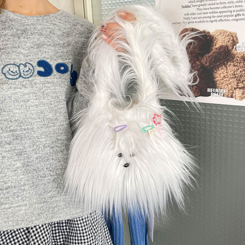 洲曼手缝潦草小狗毛绒单肩包