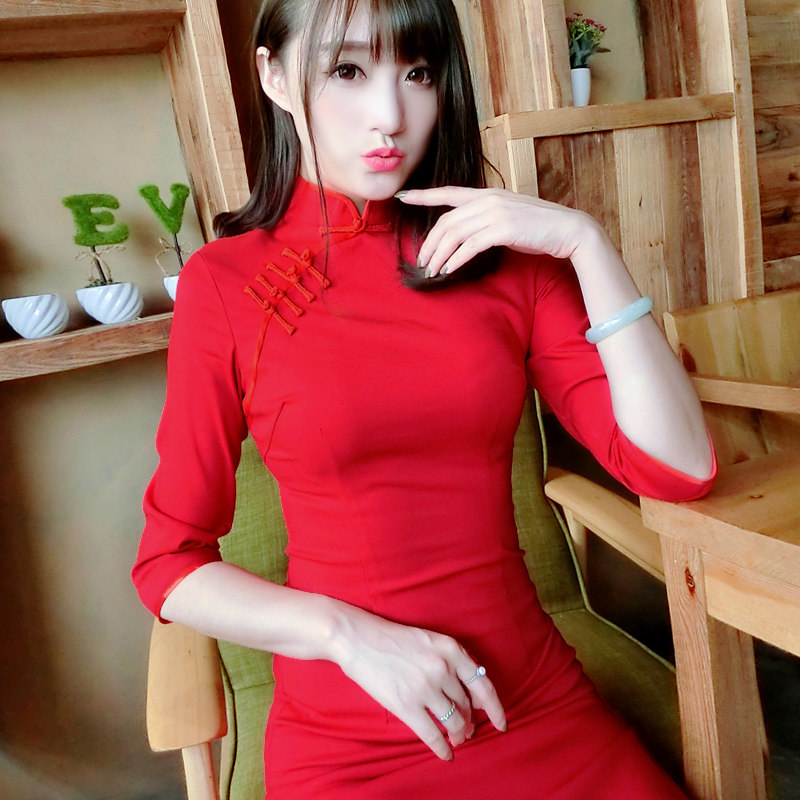 中袖旗袍春夏装2024新款修身显瘦红色旗袍连衣裙敬酒服回门服嫁衣