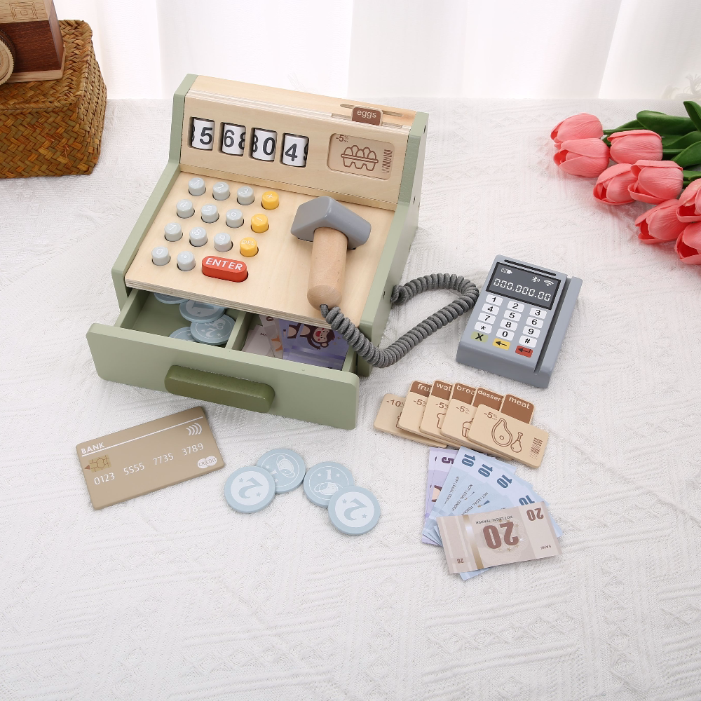 儿童仿真收银机过家家玩具木质超市购物幼儿园宝宝益智力认知早教