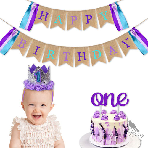 紫色渐变美人鱼Happy Birthday生日主题派对装饰麻布拉旗生日帽
