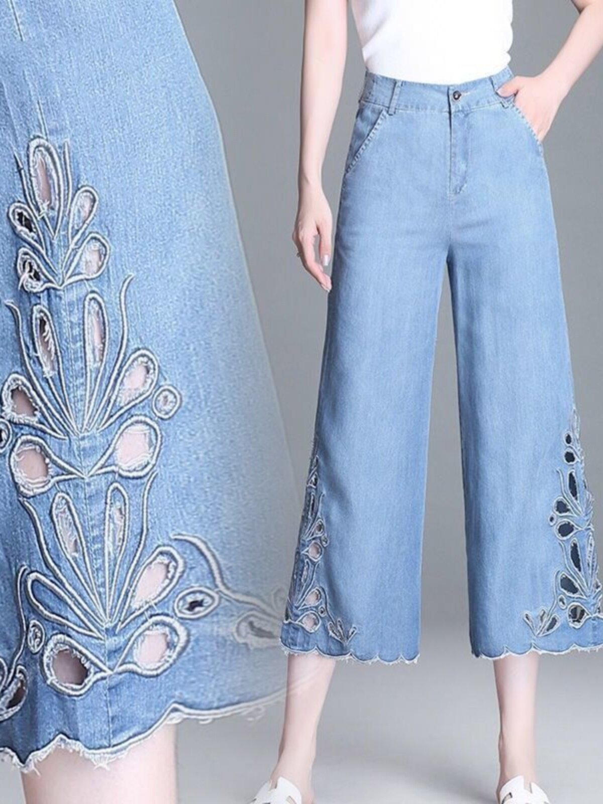 IN SUMMER LIGHT AND THIN SLIGHTLY FLARED CROPPED WIDE-LEG PANTS WOMENS TENCEL DENIM HIGH-WAISTED DRAPED ICE SILK ULTRA-THIN CROPPED JEANS