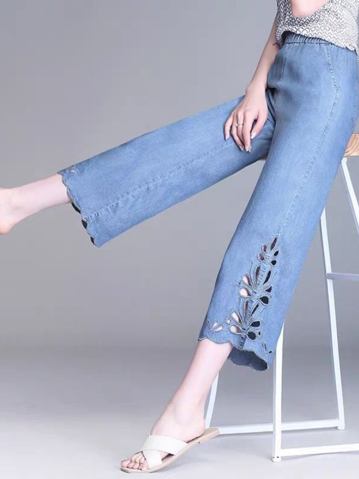 IN SUMMER LIGHT AND THIN SLIGHTLY FLARED CROPPED WIDE-LEG PANTS WOMENS TENCEL DENIM HIGH-WAISTED DRAPED ICE SILK ULTRA-THIN CROPPED JEANS