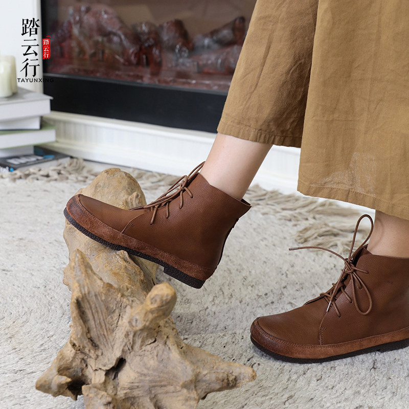 踏云行真皮复古马丁靴女森系休闲短靴系带平底女鞋加绒软底女棉靴
