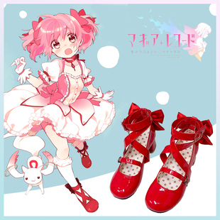 洛丽塔 魔法少女小圆cos鞋子 少女鞋圆头鹿目圆香cos鞋子日系手套