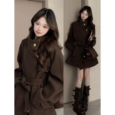 美式复古富家千金棕色毛呢外套女秋冬季高级感巨好看加厚呢子大衣