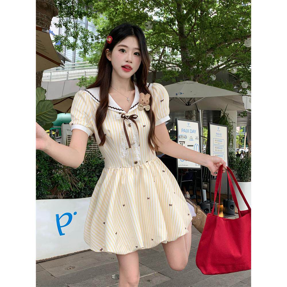 miu系甜美风黄色连衣裙女夏季减龄花苞短裙