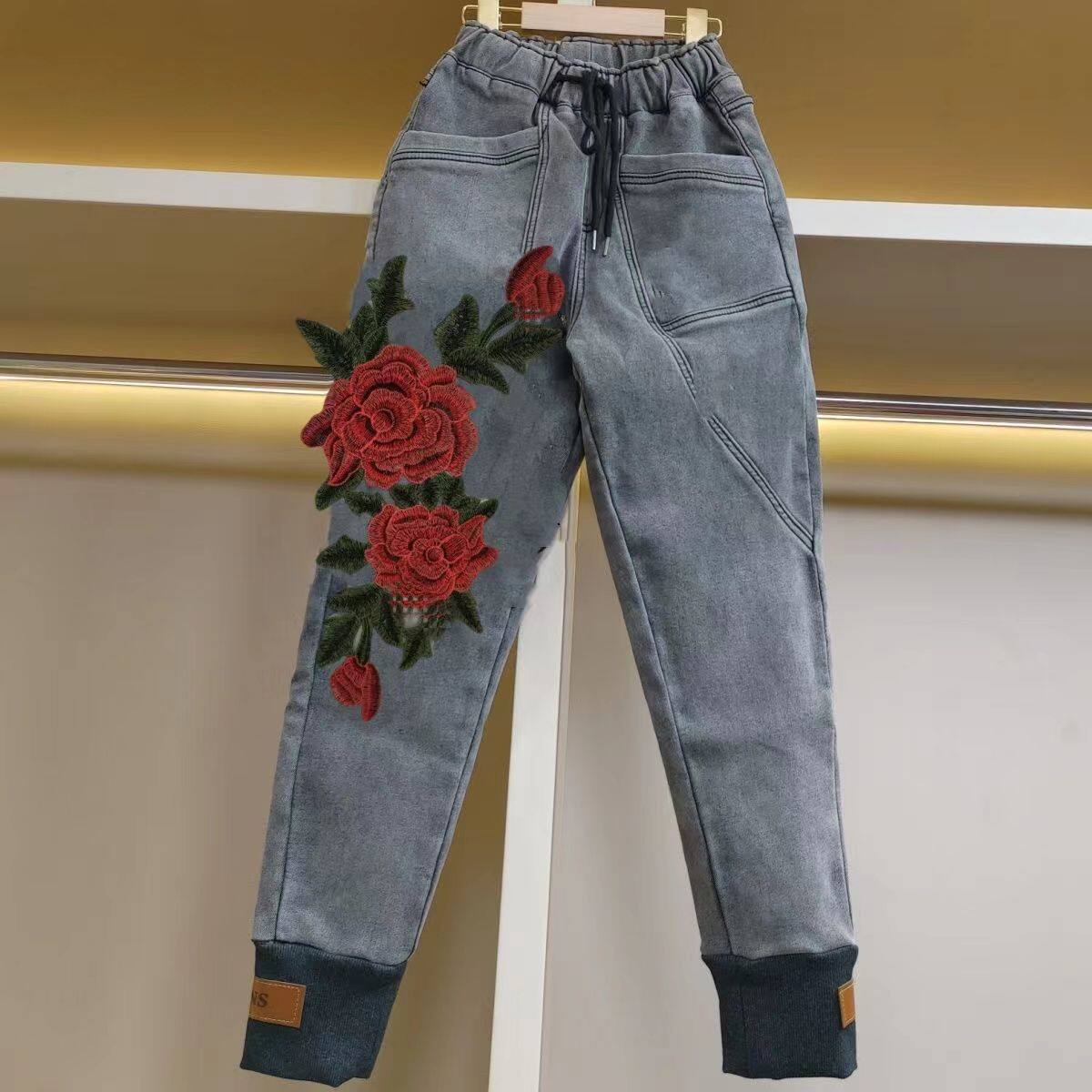 重工刺绣牡丹花牛仔哈伦裤女春秋新款高腰宽松九分垮裤